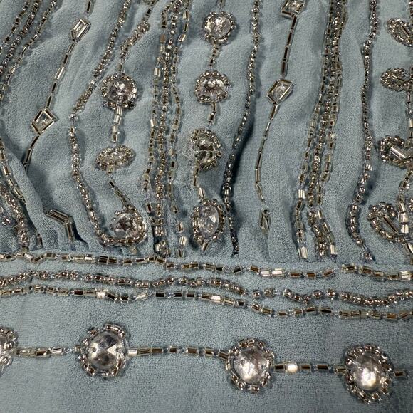 Mac Duggal NWT Blue Beaded Cap Sleeve Empire Waist Sheath Midi Dress Size 2 Flaw - Picture 12 of 12